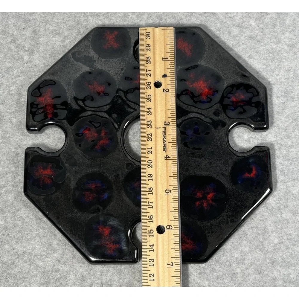 Handmade Ceramic Wine Glass Holder Tray Black Red‎ Galaxy Swirl Fits 4 Glasses